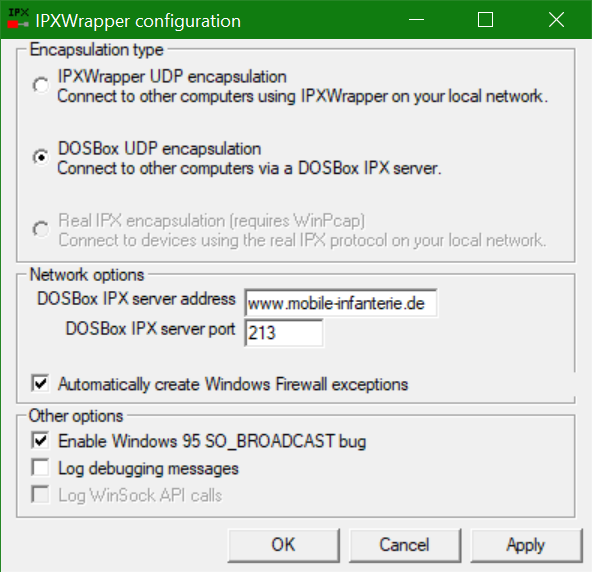  IPX wrapper settings for use with the mobile Infanterie